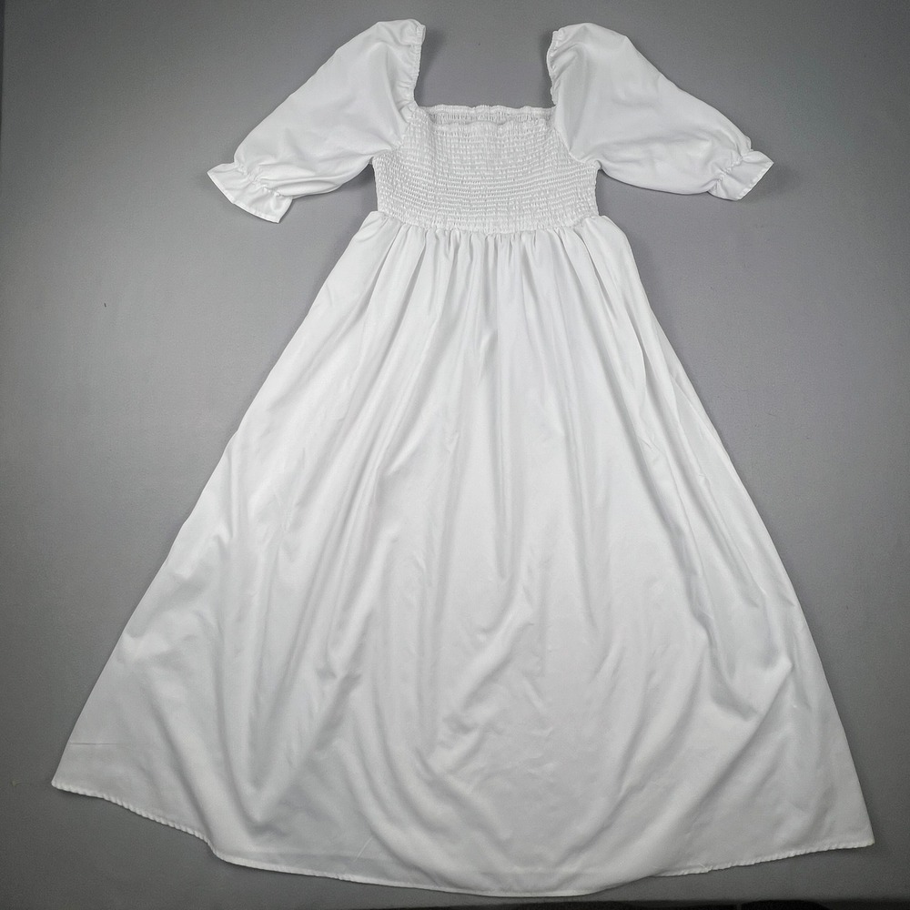 White Princess Maxi Dress Women Large White Smocked Puff Sleeve Cottagecore Boho
